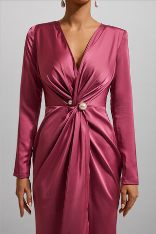 Solid Satin Faux Pearl Knotted Midi Dress