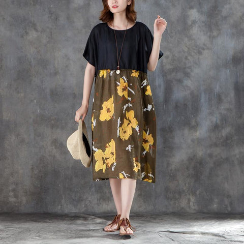 Women Short Sleeve Printed Patchwork Loose Dress