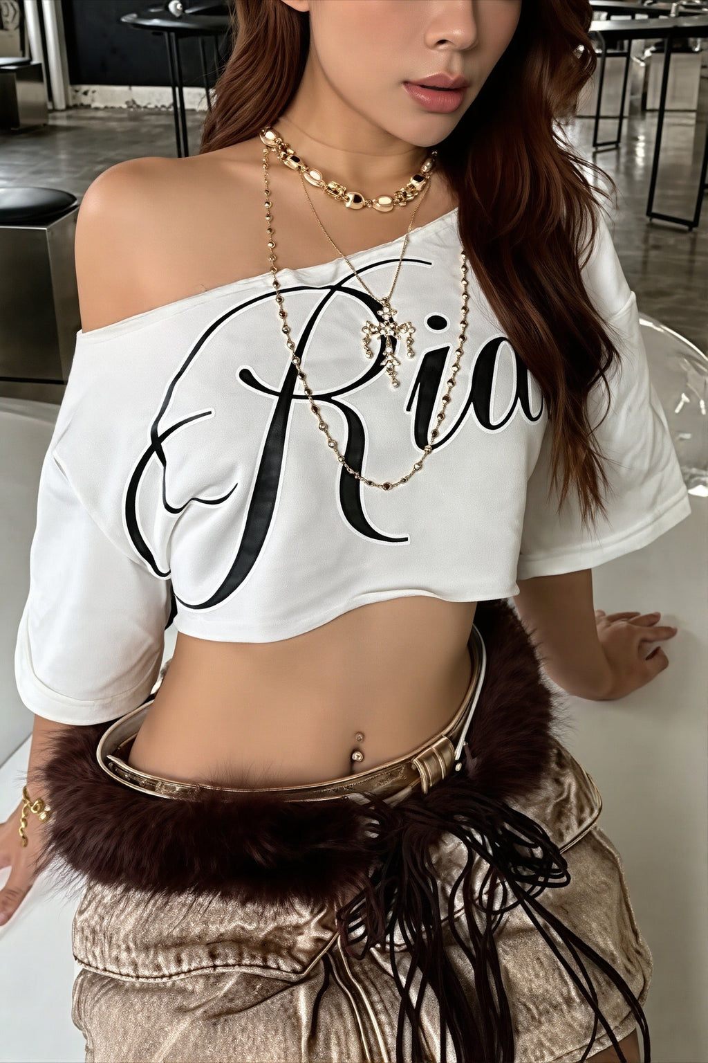 Casual Off Shoulder Cropped Print T-Shirt
