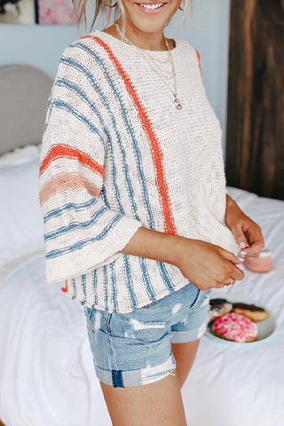 Meridress Striped Color Block 3/4 Sleeve Pullover Sweater