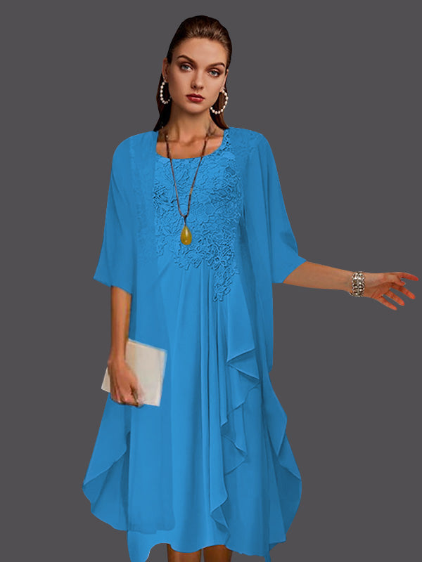 Zweiteiliges, ärmelloses A-Linien-Kleid aus Chiffonspitze mit Faltenapplikationen 