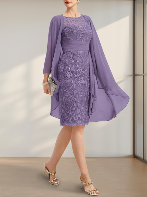 Etuikleid/Säulenkleid mit Illusion-Ausschnitt, knielang, aus Chiffon mit Spitze, Kaskadenrüschen und Pailletten für die Mutter der Braut