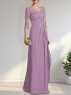 A-Linien-Kleid mit U-Boot-Ausschnitt, Illusion-Effekt, bodenlang, aus Chiffon und Spitze, mit Perlen, Pailletten und kaskadenartigen Rüschen – perfekt für die Mutter der Braut.