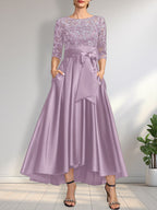 A-Linien-Kleid mit asymmetrischem Ausschnitt, Illusion-Effekt, Satinspitze und Schleife für die Mutter der Braut