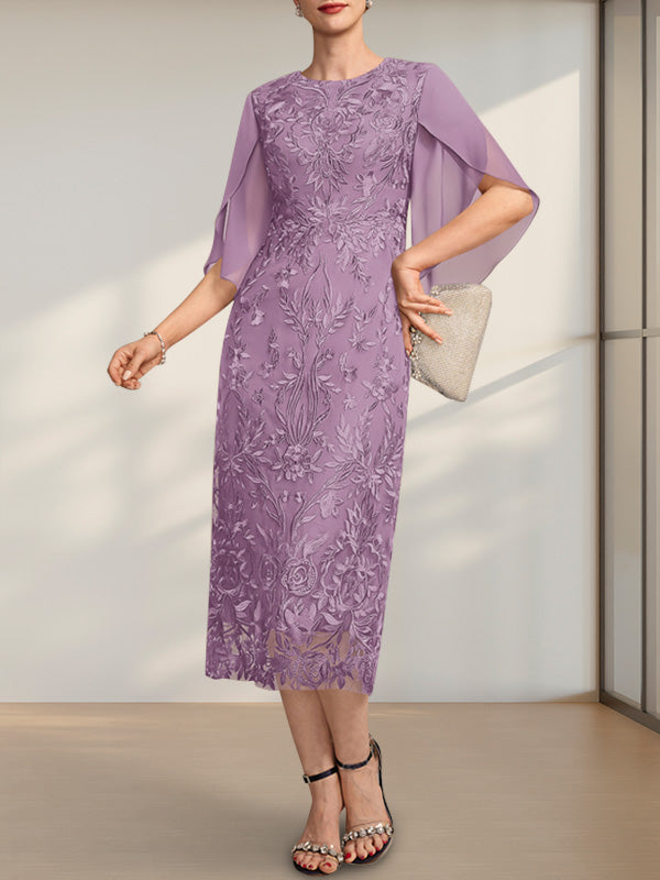 Etuikleid/Säulenkleid mit Rundhalsausschnitt, Teelänge, aus Spitze und Chiffon, ideal für die Mutter der Braut