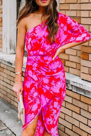 Meridress One Shoulder Waisted Ruched Floral Dress