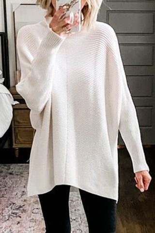 Suéter túnica de punto acanalado con cuello alto liso de Meridress