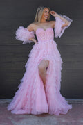 A-Linien-Abendkleid aus glitzerndem Tüll mit Herzausschnitt und Schlitz