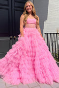 A-Linien-Abendkleid aus glitzerndem Tüll, trägerlos und mit Rüschen