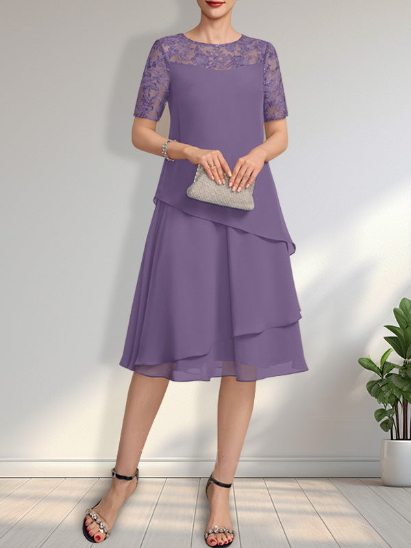 A-Linien-Kleid mit Rundhalsausschnitt, Illusion-Effekt, knielang, aus Spitze und Chiffon mit Pailletten für die Mutter der Braut