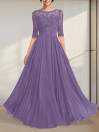 A-Linien-Kleid mit Illusion-Ausschnitt, bodenlang, aus Chiffon und Spitze, mit plissierten Pailletten und V-Ausschnitt für die Mutter der Braut