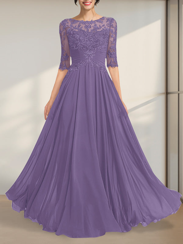 A-Linien-Kleid mit Illusion-Ausschnitt, bodenlang, aus Chiffon und Spitze, mit plissierten Pailletten und V-Ausschnitt für die Mutter der Braut