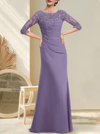 A-Linien-Kleid aus Chiffon und Spitze in Bodenlänge für die Mutter der Braut mit Perlenstickerei, Falten und Pailletten