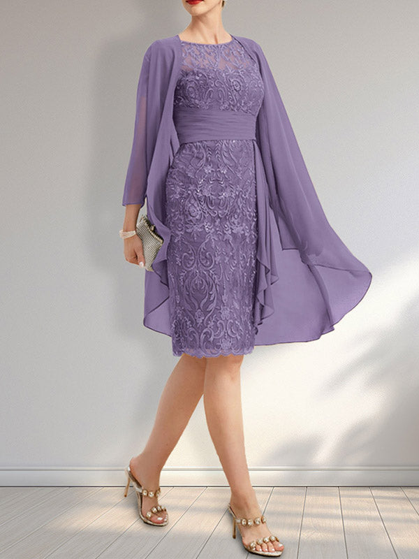 Etuikleid mit Rundhalsausschnitt, Illusion-Effekt, knielang, aus Chiffon mit Spitze, Rüschen und Pailletten – ideal für die Mutter der Braut