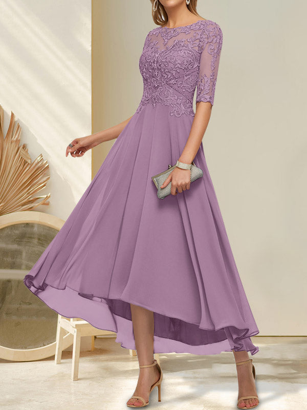 A-Linien-Kleid mit U-Boot-Ausschnitt, Illusion-Effekt, asymmetrischem Chiffon-Spitzenbesatz und Paillettenstickerei für die Mutter der Braut.