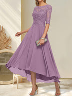 A-Linien-Kleid mit U-Boot-Ausschnitt, Illusion-Effekt, asymmetrischem Chiffon-Spitzenbesatz und Paillettenstickerei für die Mutter der Braut.