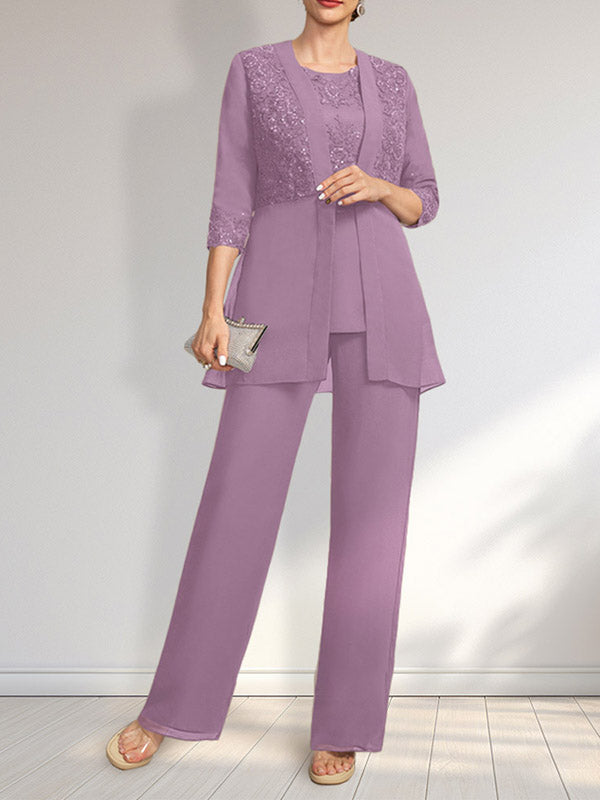 Jumpsuit/Hosenanzug-Set, bodenlanges Chiffon-Spitzenkleid mit Pailletten für die Mutter der Braut mit Rundhalsausschnitt