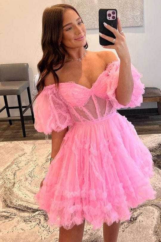 Vestido de fiesta de tul con hombros descubiertos y corte en A