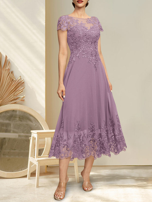 A-Linien-Kleid mit Illusion-Ausschnitt, Rundhalsausschnitt, Teelänge, Spitze und Chiffon, mit Pailletten, für die Mutter der Braut