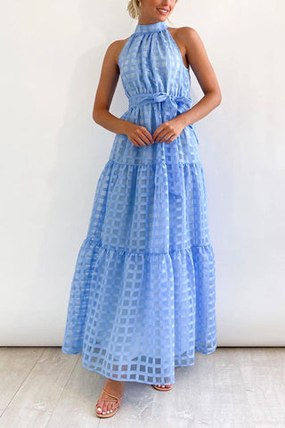 Vestido largo Meridress de malla a cuadros con volantes, cuello alto y cintura anudada