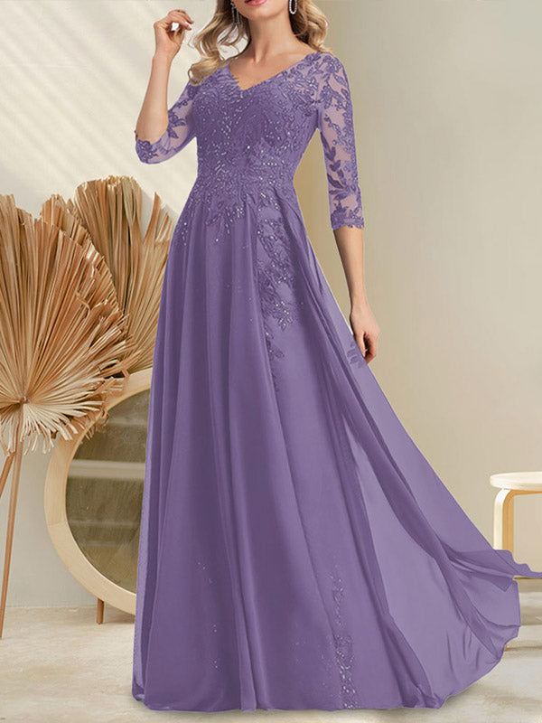 A-Linien-Kleid aus Chiffon mit V-Ausschnitt, bodenlang, mit Pailletten besetzt – ideal für die Mutter der Braut