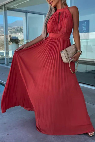 Vestido de fiesta largo plisado con cintura y cuello halter sin mangas de Meridress