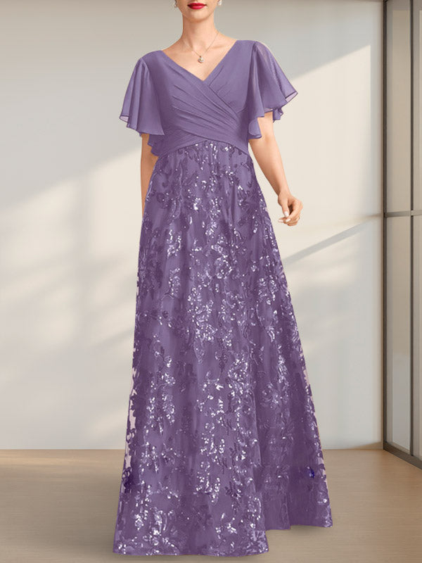 A-Linien-Kleid mit V-Ausschnitt, bodenlang, aus Spitze, Pailletten und Chiffon, ideal für die Mutter der Braut, mit Falten