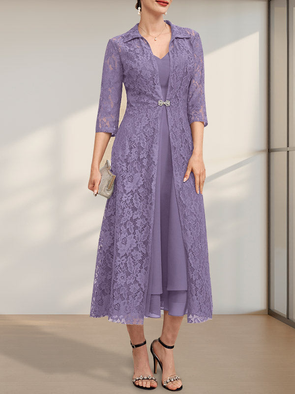 A-Linien-Chiffonkleid mit V-Ausschnitt und Teelänge für die Mutter der Braut