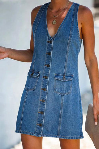 Vestido vaquero Meridress sin mangas con cuello en V, botones y espalda nadadora