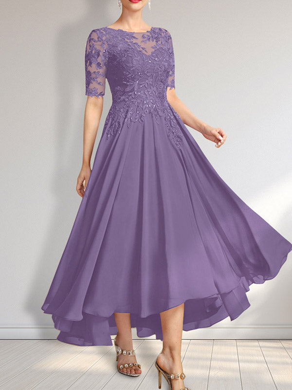 Vestido de madre de la novia de gasa asimétrica con encaje, ilusión, corte A y lentejuelas 