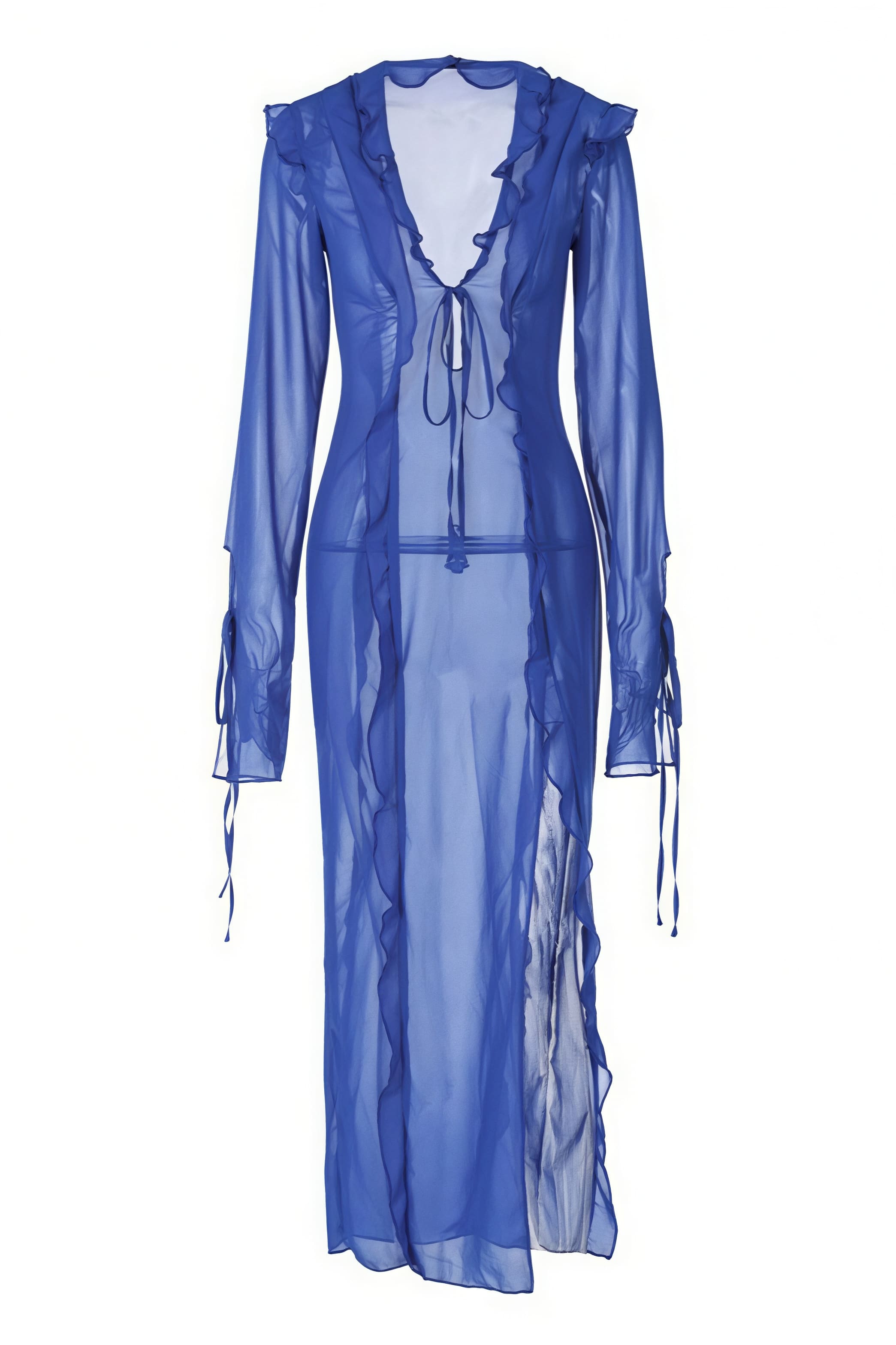 Chic Sheer V Neck Wrap Tie Slit Maxi Dress