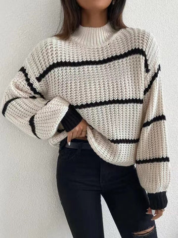 Suéter de punto a rayas con cuello redondo elegante y mangas farol para mujer, ropa de otoño e invierno 