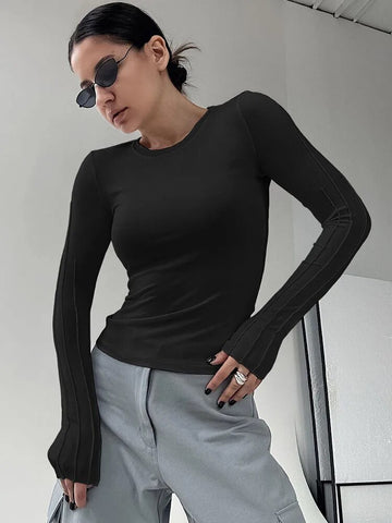 White Pleated Classic Basic Knitted Tees Women Inner Thin Pullover Tops Black Slim Office Lady T-Shirts O-Neck 2024