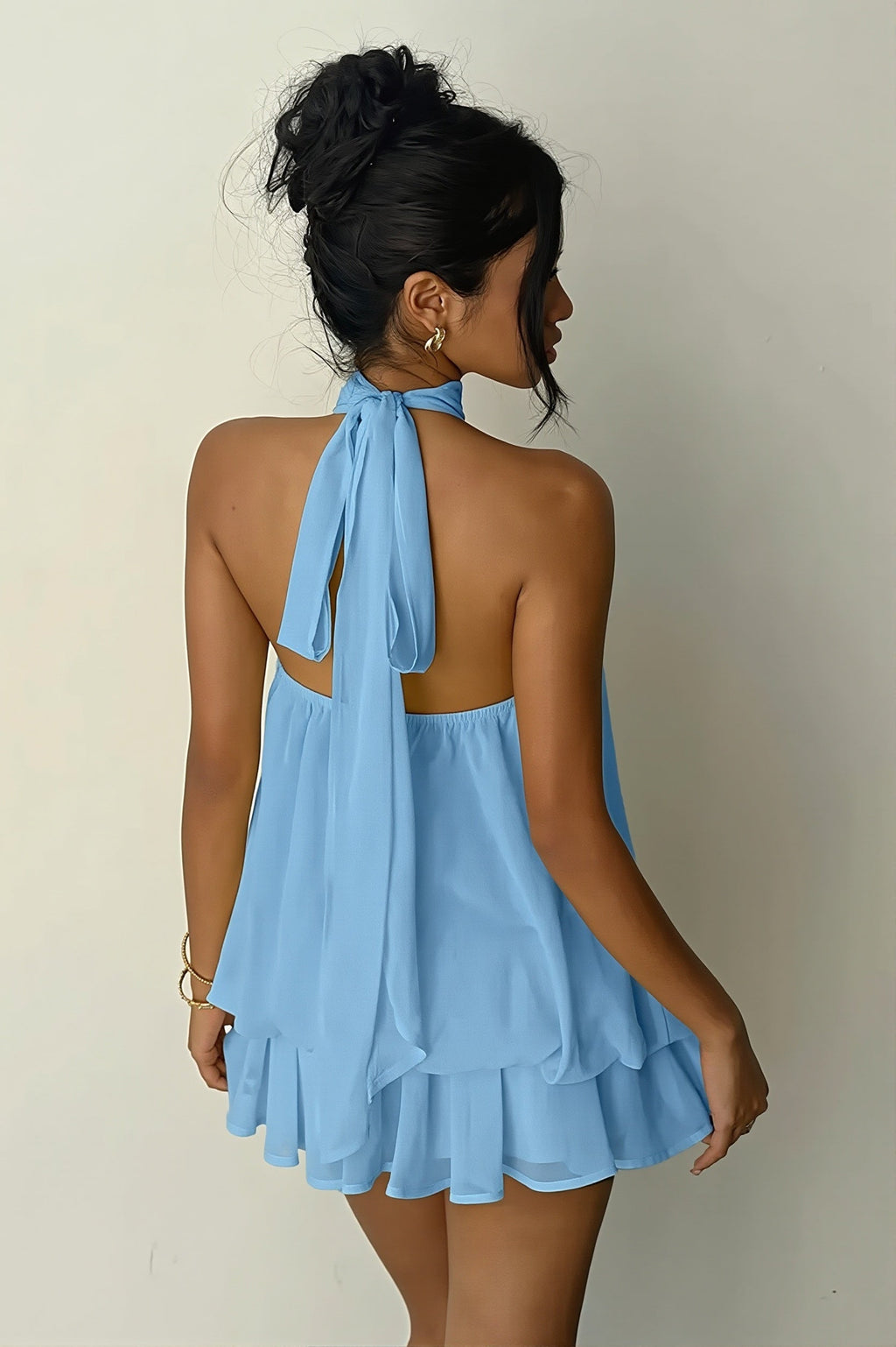 Vacation Halter Backless High Waist Flowy Mini Dress