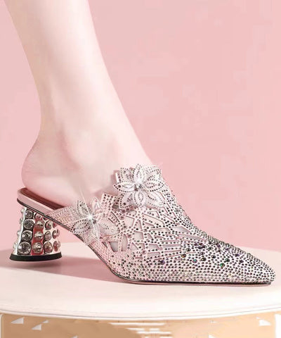 Boutique Sandalen mit spitzer Zehenpartie und klobigem Absatz aus rosa Schaffell 