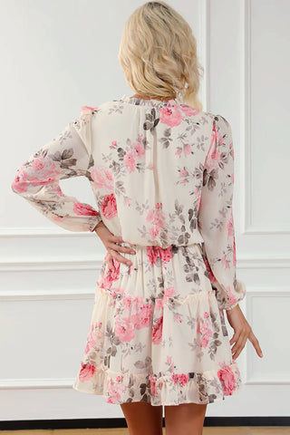 beige floral ruffle mini dress