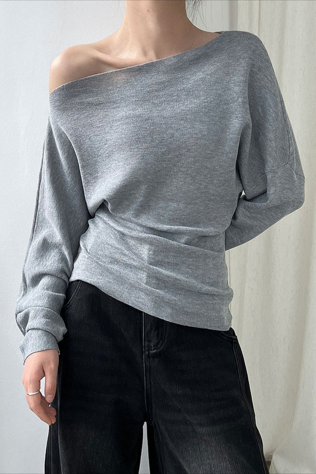 Waist Defining Asymmetric Shoulder Knit Top