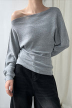 Waist Defining Asymmetric Shoulder Knit Top