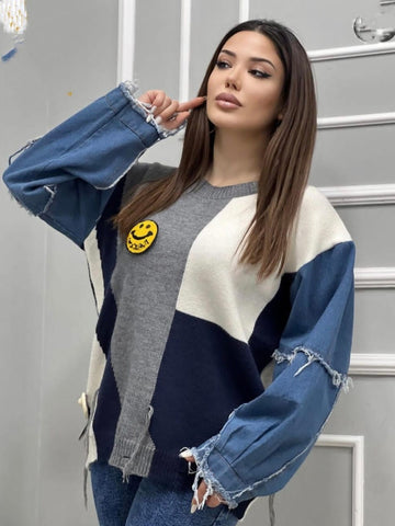 Denim Patchwork Long Sleeve Sweater