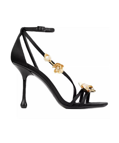 Sandalias de tacón alto con diseño floral francés negro 