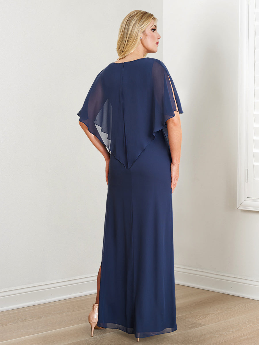 Etui-/Säulenkleid mit V-Ausschnitt für die Mutter der Braut mit Perlenstickerei und Seitenschlitz 