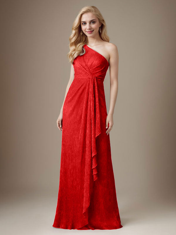 Rubinrotes Etuikleid mit One-Shoulder-Schulter und Metallic-Mesh-Optik, Brautmutterkleid