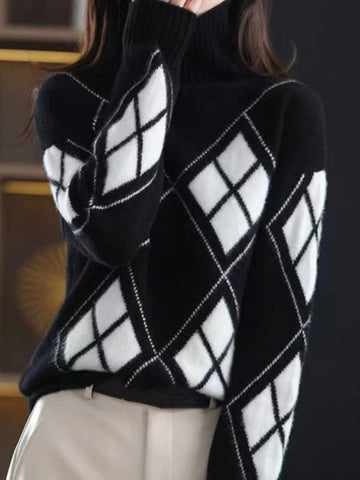 Casual Long Sleeves Loose Plaid High-Neck Sweater Tops