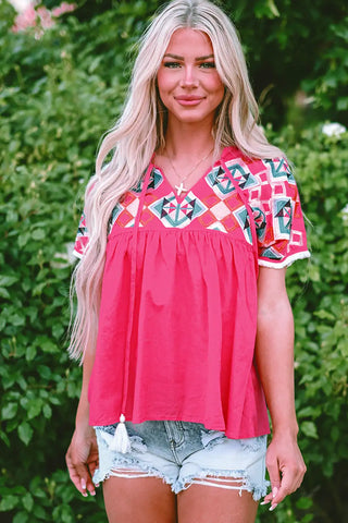 geometric embroidered tassel blouse in strawberry pink