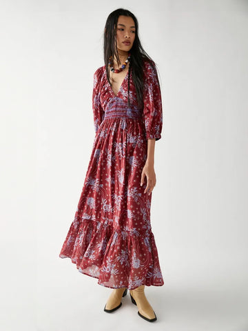 A-Line Flowy Dress Printed V-Neck Puff Sleeves Casual Summer Maxi Dresses