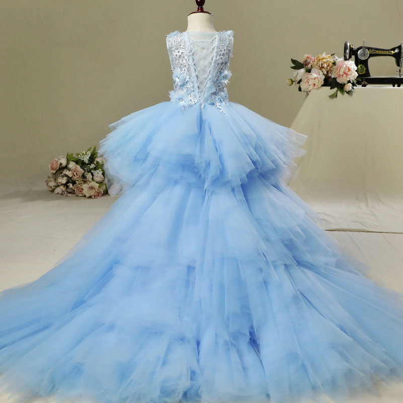 Vestido de comunión de verano para niñas, sin mangas, con bordado de lentejuelas, vestido de princesa con cola 