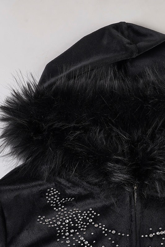 Gothic Rhinestone Fur Paneled Slim Hoodie