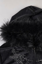 Gothic Rhinestone Fur Paneled Slim Hoodie
