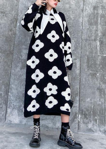 Suéter de punto con estampado negro estético para mujer, vestido holgado de punto con cuello redondo 