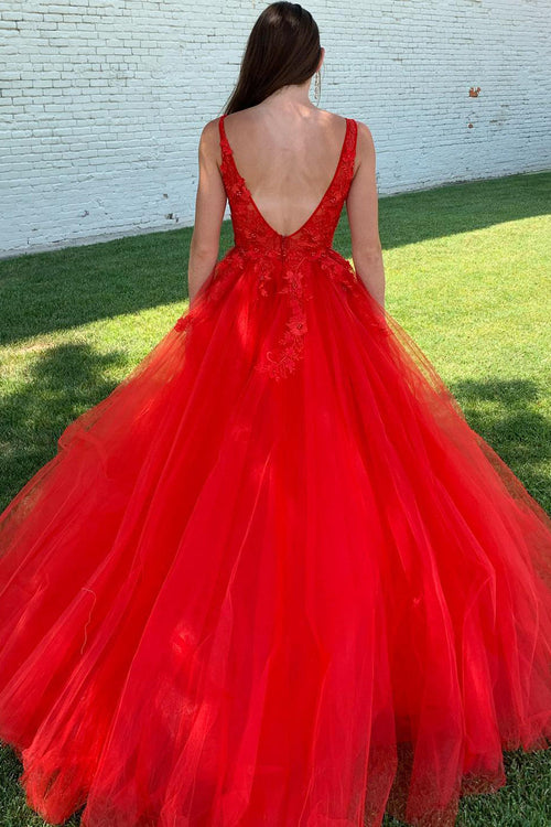 A-Line V-Neck Long Prom Dress With Appliques